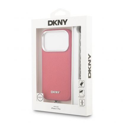 Дизайнерски кожен кейс с MagSafe и връзка за носене за iPhone 17 Pro - DKNY PU Leather Metal Logo Wrist Chain MagSafe Case (розов) 8