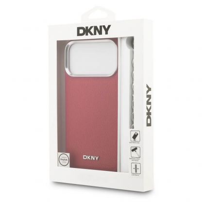 Дизайнерски кожен кейс с MagSafe и връзка за носене за iPhone 17 Pro Max - DKNY PU Leather Metal Logo Wrist Chain MagSafe Case (розов) 8