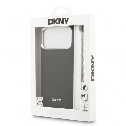 Дизайнерски кожен кейс с MagSafe и връзка за носене за iPhone 17 Pro Max - DKNY PU Leather Metal Logo Wrist Chain MagSafe Case (черен) 8