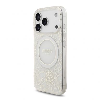 Хибриден удароустойчив кейс с MagSafe и връзка за ръка за iPhone 17 Pro - Guess IML Flowers Allover Strap MagSafe Case (бял) 2