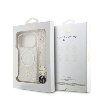 Хибриден удароустойчив кейс с MagSafe и връзка за ръка за iPhone 17 Pro - Guess IML Flowers Allover Strap MagSafe Case (бял) 7