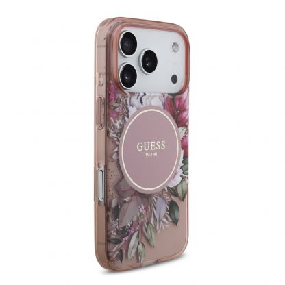 Хибриден удароустойчив кейс с MagSafe и връзка за ръка за iPhone 17 Pro - Guess IML Flowers Pearl MagSafe Case (розов) 3