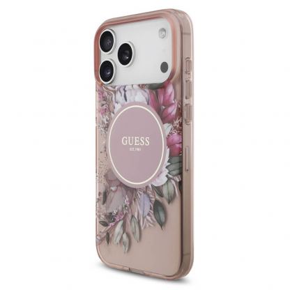 Хибриден удароустойчив кейс с MagSafe и връзка за ръка за iPhone 17 Pro Max - Guess IML Flowers Pearl MagSafe Case (розов) 2