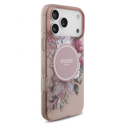 Хибриден удароустойчив кейс с MagSafe и връзка за ръка за iPhone 17 Pro Max - Guess IML Flowers Pearl MagSafe Case (розов) 3