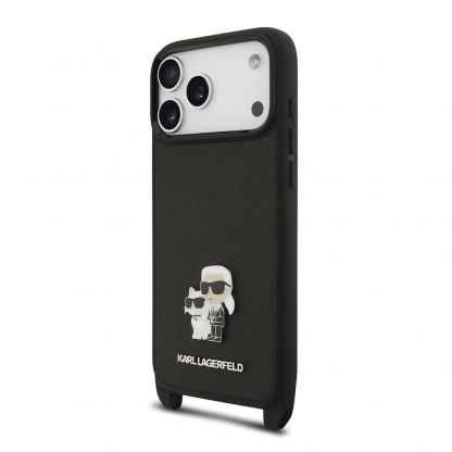 Дизайнерски кожен кейс с връзка за носене за iPhone 17 Prо - Karl Lagerfeld Saffiano Crossbody Metal Karl and Choupette Case (черен) 2