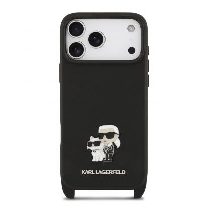 Дизайнерски кожен кейс с връзка за носене за iPhone 17 Prо - Karl Lagerfeld Saffiano Crossbody Metal Karl and Choupette Case (черен) 3
