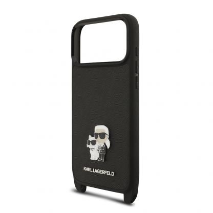 Дизайнерски кожен кейс с връзка за носене за iPhone 17 Prо Max - Karl Lagerfeld Saffiano Crossbody Metal Karl and Choupette Case (черен) 5