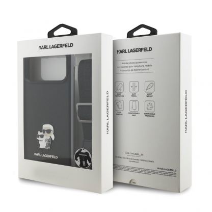 Дизайнерски кожен кейс с връзка за носене за iPhone 17 Prо Max - Karl Lagerfeld Saffiano Crossbody Metal Karl and Choupette Case (черен) 8