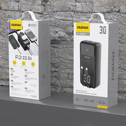 Външна батерия с вградени USB-C и Lightning кабели и USB-C, USB-A портове и технология за бързо зареждане - Dudao K15MAX Power Bank With Build-in Cables 22.5W 30000 mAh (черен) 2