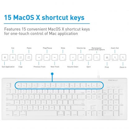 Macally 103 Key Full-Size USB Keyboard with Short-Cut Keys - USB клавиатура оптимизирана за MacBook (бял) 7