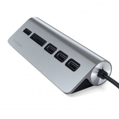 Satechi Aluminum USB-C 3.0 Hub & Card Reader - алуминиев 3-портов USB 3.0 хъб с четец за карти за компютри и лаптопи (тъмносив) 3