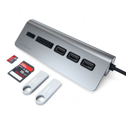 Satechi Aluminum USB-C 3.0 Hub & Card Reader - алуминиев 3-портов USB 3.0 хъб с четец за карти за компютри и лаптопи (тъмносив) 4
