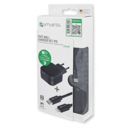 4smarts Fast Wall Charger Set - захранване за ел. мрежа с USB-C изход и Lightning към USB-C кабел за Apple устройства с Lightning порт (черен) 4