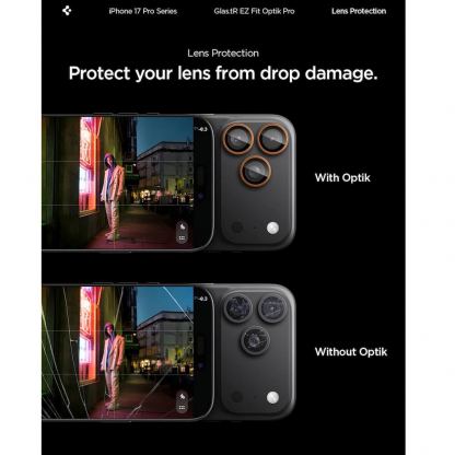 2 комплекта предпазни стъклени лещи за камерата на iPhone 17 Pro, iPhone 17 Pro Max, iPhone 16 Pro, iPhone 16 Pro Max, iPhone 15 Pro, iPhone 15 Pro Max, iPhone 14 Pro, iPhone 14 Pro Max - Spigen Glass tR EZ Fit Optik Pro Lens Protector 2 Pack (оранжев) 11
