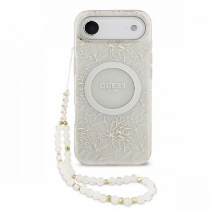 Хибриден удароустойчив кейс с MagSafe и връзка за ръка за iPhone 17 Air - Guess IML Flowers Allover Strap MagSafe Case (бял) 2