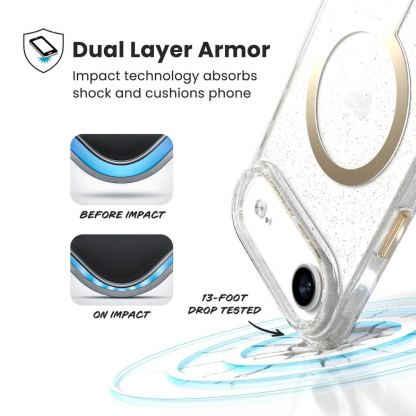 Удароустойчив хибриден кейс с Magsafe за iPhone 17 Air - Speck Presidio Lux Glitter MagSafe Case (прозрачен-златист) 7