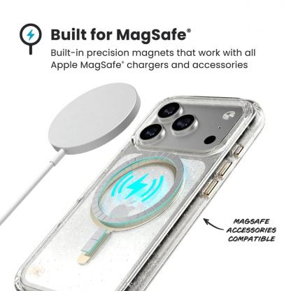 Удароустойчив хибриден кейс с Magsafe за iPhone 17 Pro - Speck Presidio Lux Glitter MagSafe Case (прозрачен-златист) 8