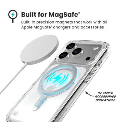 Удароустойчив хибриден кейс с Magsafe за iPhone 17 Pro - Speck Presidio Perfect Clear MagSafe Case (прозрачен-сребрист) 8