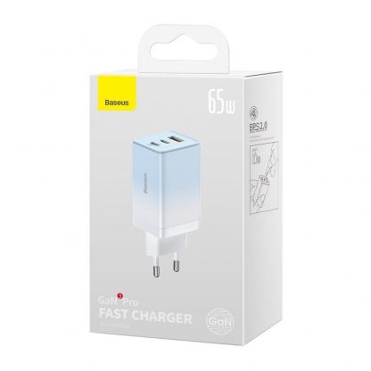 Захранване за ел. мрежа за лаптопи, смартфони и таблети с USB-A и 2xUSB-C изходи с технология за бързо зареждане и USB-C към USB-C кабел - Baseus GaN 3 Pro Fast Laptop Charger 65W (CCGP050103) (син) 5