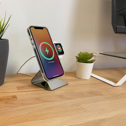 Алуминиева поставка за зареждане на iPhone и Apple Watch чрез поставяне на Apple MagSafe Charger и Apple Watch кабел - Macally Aluminum MagSafe And Apple Watch Charging Stand (сребрист) 5