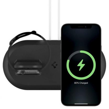 Силиконова поставка за зареждане на iPhone и Apple Watch чрез поставяне на Apple MagSafe Charger и Apple Watch кабел - Spigen MagFit Duo for MagSafe & Apple Watch Charger (черен) 3