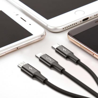 Универсален USB кабел с Lightning, microUSB и USB-C конектори (120 см) - Baseus Rapid 3-in-1 USB Cable (CAMLT-SU01) (черен) 12