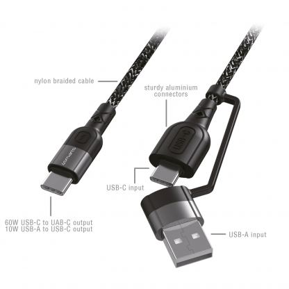 Качествен многофункционален кабел за USB към USB-C и USB-C към USB-C (150 см) - 4smarts ComboCord CA USB-A and USB-C to USB-C Cable (черен) 4