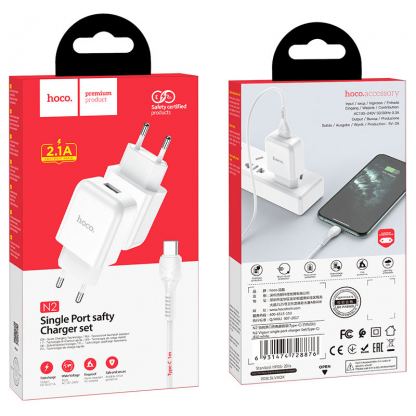 Захранване за ел. мрежа 2.1A с USB изход и USB-C кабел - Hoco N2 Wall Charger and USB-C Cable (бял) 4