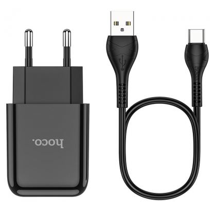 Захранване за ел. мрежа 2.1A с USB изход и USB-C кабел - Hoco N2 Wall Charger and USB-C Cable (черен) 2