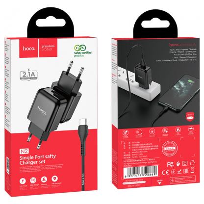 Захранване за ел. мрежа 2.1A с USB изход и USB-C кабел - Hoco N2 Wall Charger and USB-C Cable (черен) 4