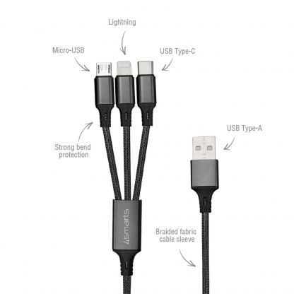 Качествен многофункционален кабел за microUSB, Lightning и USB-C стандарти (20см) - 4smarts 3in1 Cable ForkCord (черен) 2