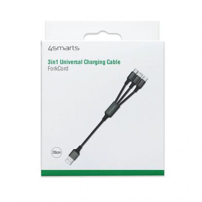 Качествен многофункционален кабел за microUSB, Lightning и USB-C стандарти (20см) - 4smarts 3in1 Cable ForkCord (черен) 4