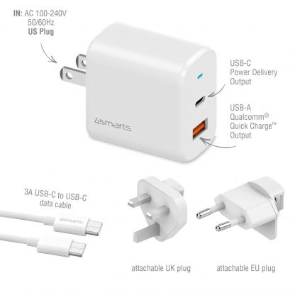 Захранване за ел. мрежа с USB-A и USB-C изходи, USB-C към USB-C кабел и адаптори за USA и UK стандарт (18W) - 4smarts Travel Charger Set VoltPlug QC/PD 18W With USB-C Data Cable (бял) 2