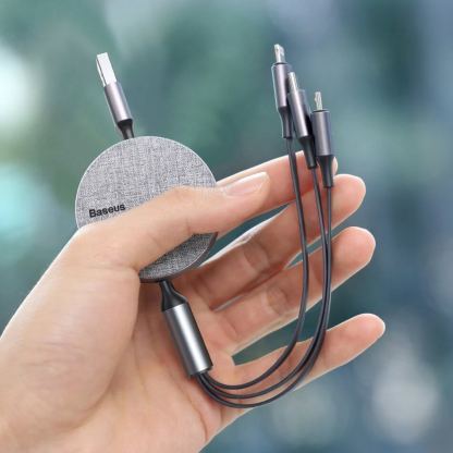 Универсален USB кабел с Lightning, microUSB и USB-C конектори (120 см) - Baseus Fabric 3-in-1 Flexible Cable USB (CAMLT-BYG1) (сив) 10