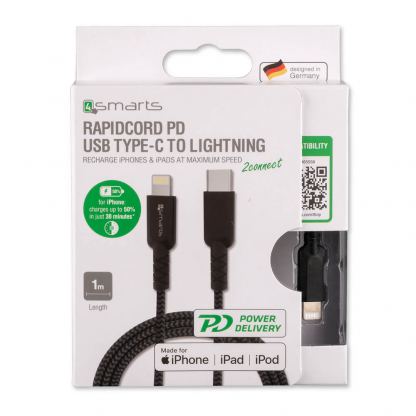 USB-C кабел към Lightning за Apple устройства - 4smarts MFI RAPIDCord PD USB-C to Lightning Cable 1m (черен) 3