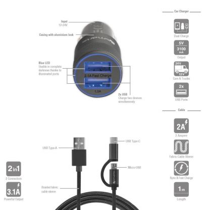 Зарядно за кола и качествен кабел с оплетка от неръждаема стомана за microUSB и USB-C стандарти 150 см. - 4smarts Car-Bundle Hybrid 15.5W with 2in1 ComboCord Cable (черен) 7