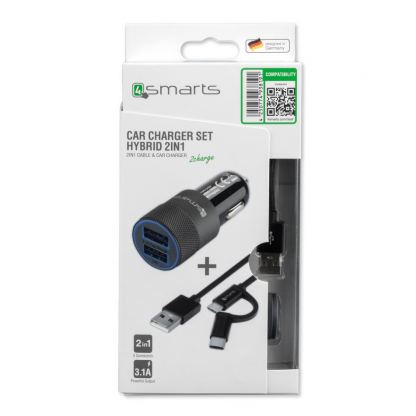 Зарядно за кола и качествен кабел с оплетка от неръждаема стомана за microUSB и USB-C стандарти 150 см. - 4smarts Car-Bundle Hybrid 15.5W with 2in1 ComboCord Cable (черен) 9