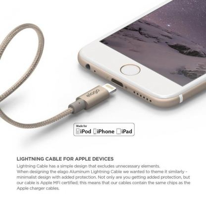 Elago Aluminum Lightning USB Cable - USB кабел за iPhone 6, iPhone 6 Plus, iPad, iPod и всеки Apple продукт с Lightning вход (златист) 2