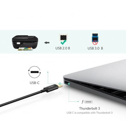 Кабел за принтер и други външни устройства USB-C Male към USB-B Male (100 см) - Ugreen US241 USB-C To USB-B 2.0 Printer Cable (черен) 6