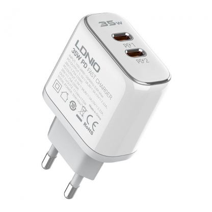 Захранване за ел. мрежа с 2xUSB-C изходи и USB-C към Lightning кабел - LDNIO Wall Charger 2xUSB-C 35W (бял) 2