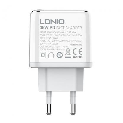 Захранване за ел. мрежа с 2xUSB-C изходи и USB-C към Lightning кабел - LDNIO Wall Charger 2xUSB-C 35W (бял) 3