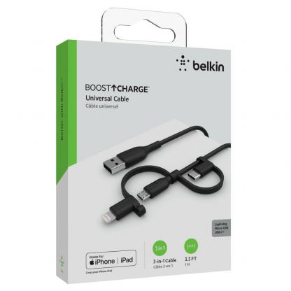 Качествен USB кабел с Lightning, microUSB и USB-C конектори (100 см) - Belkin Universal Cable 15W with Micro-USB, USB-C and Lightning Connectors (черен) 6