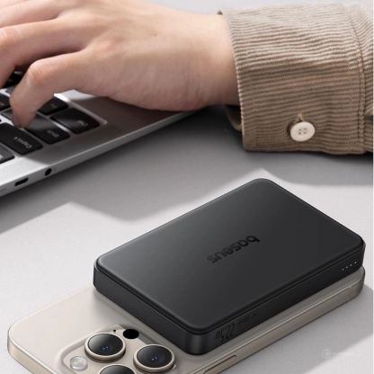 Външна батерия с USB-C порт, USB-A изход, безжично зареждане с MagSafe и вградена поставка (черен) - Baseus Airpow II Qi2 Magnetic Wireless Power Bank 10000 mAh 22.5W (черен) 6