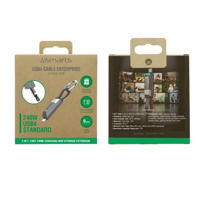 Компактен USB-C към USB-C кабел с четец за microSD карти памет за мобилни устройства - 4smarts Enterprise Storage USB4 USB-C to USB-C Cable 240W Card Reading Cable (черен) (6 см) 12