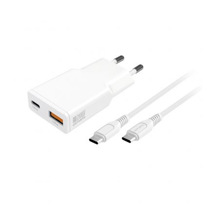 Захранване за ел. мрежа с USB-A и USB-C изходи с технология за бързо зареждане и USB-C към USB-C кабел (150 см) - 4smarts Slim Duos Mini PD Wall Charger 20W and USB-C Cable (бял) 2
