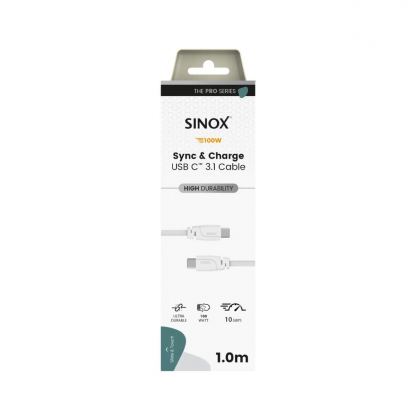 Здрав кабел за бързо зареждане за устройства с USB-C порт (100 см) - Sinox USB-C to USB-C Cable 100W (бял) 2