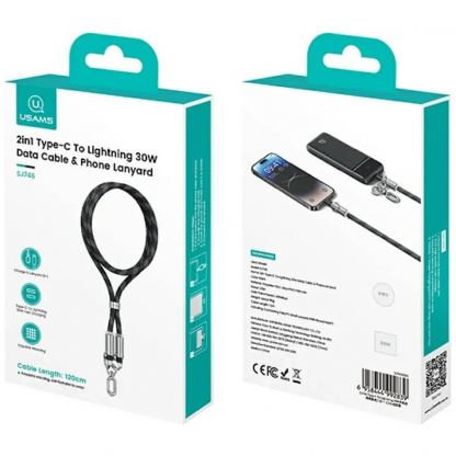 Универсална връзка за носене през врата за смартфони с вграден USB-C към Lightning кабел - USAMS SJ746 USB-C to Lightning Phone Lanyard Cable 30W (лилав) 7