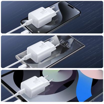 Захранване за ел. мрежа с USB-C изход с технология за бързо зареждане и USB-C към USB-C кабел (бял)  - Joyroom USB-C PD 20W Wall Charger and USB-C Cable 8