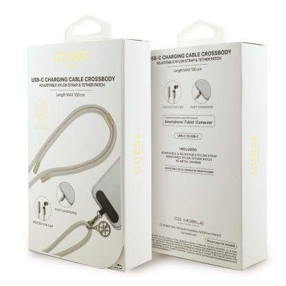Универсална връзка за носене през врата за смартфони, с вграден USB-C към USB-C кабел - Guess 4G Charm Crossbody Strap With USB-C Cable (бежов) (150 см) 4