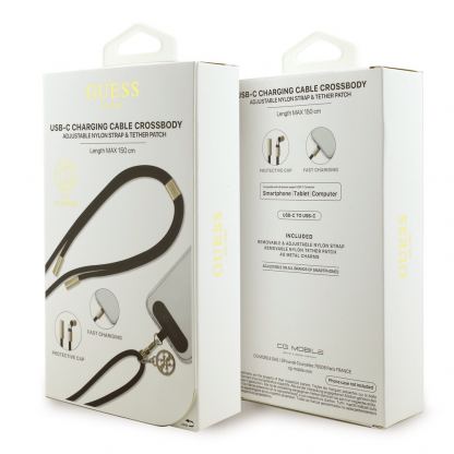 Универсална връзка за носене през врата за смартфони, с вграден USB-C към USB-C кабел - Guess 4G Charm Crossbody Strap With USB-C Cable (черен) (150 см) 4
